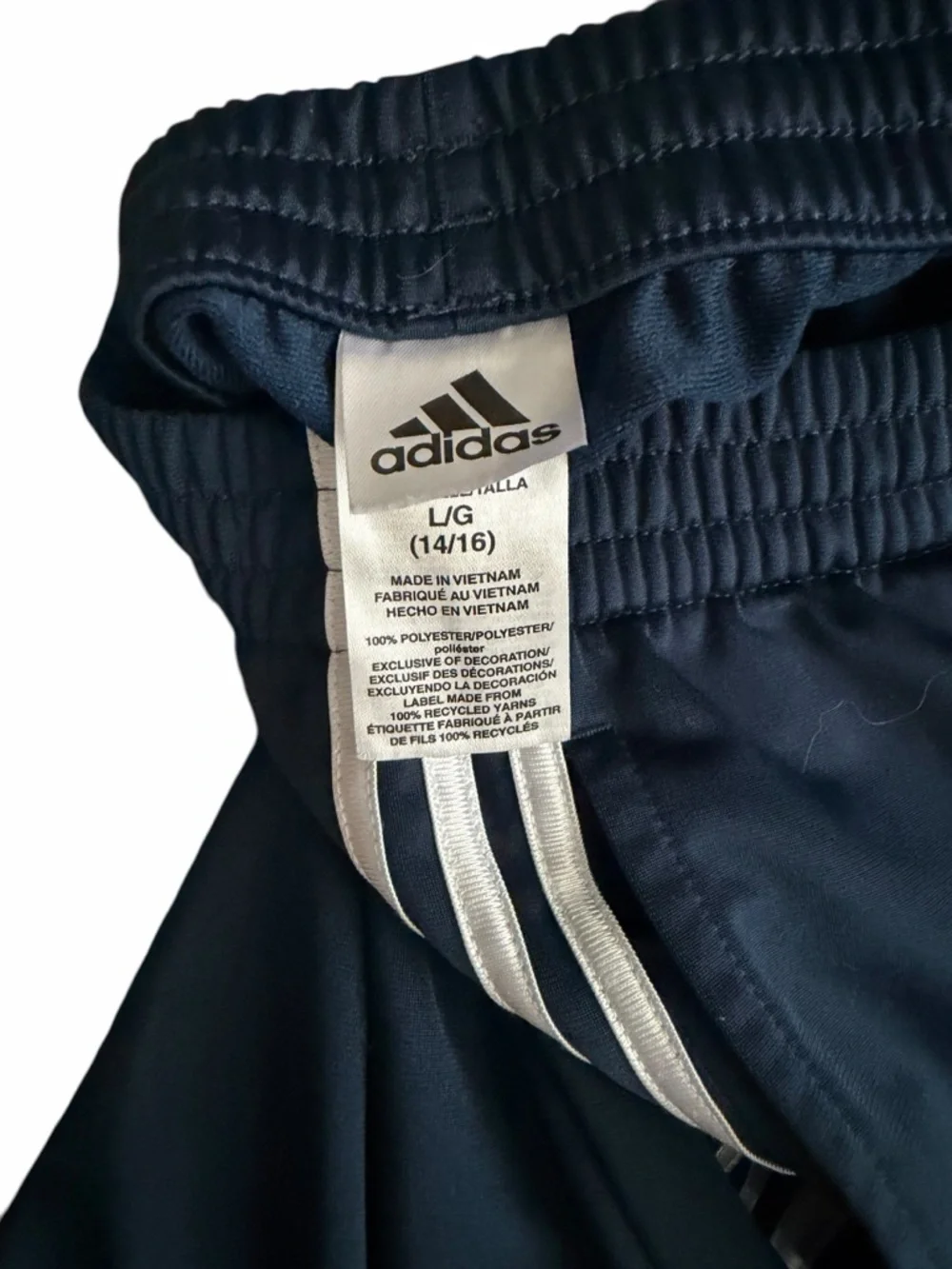 Adidas Navy Blue Tricot Youth Track Pants with White Stripes YL 14/16